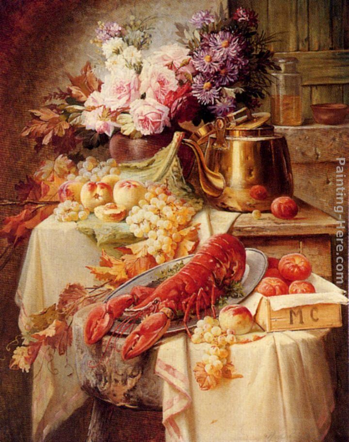 Modeste Carlier Still Life With A Lobster And Assorted Fruit And Flowers